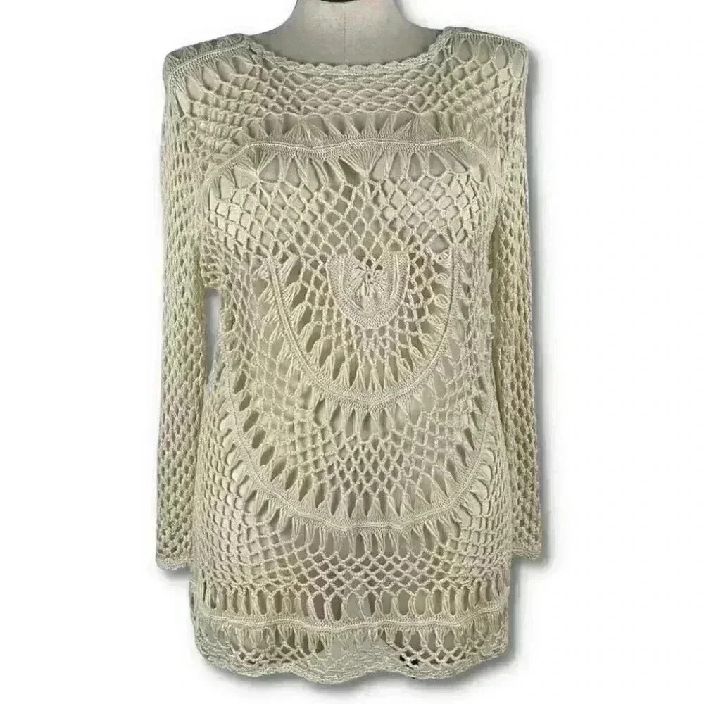 Le Moda womens sweater size XL cream crocheted grannycore resort wear coverup
